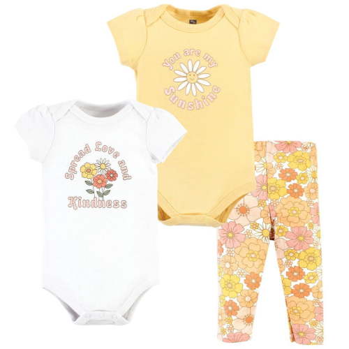 Hudson Baby Infant Girl Cotton Bodysuit and Pant Set, Peace Love Flowers Short Sleeve, Preemie