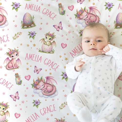 Personalized Dragon Baby Blanket, Girls Name Swaddle, Newborn Baby Gift Dragons Theme with Name