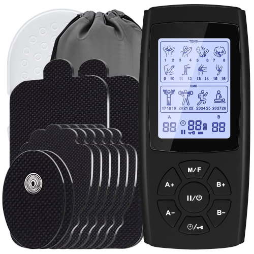 Ouwald TENS Unit Rechargeable Muscle Stimulator EMS Dual Channel with 10 Unit Replacement Electrode Pads, 28 Modes Electronic Pulse Massager for Back Neck, Black