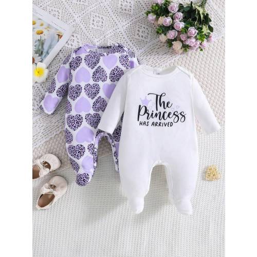 2pcs Baby Girls' Heart & Letter Print Long Sleeve Jumpsuit, All Season | SHEIN USA