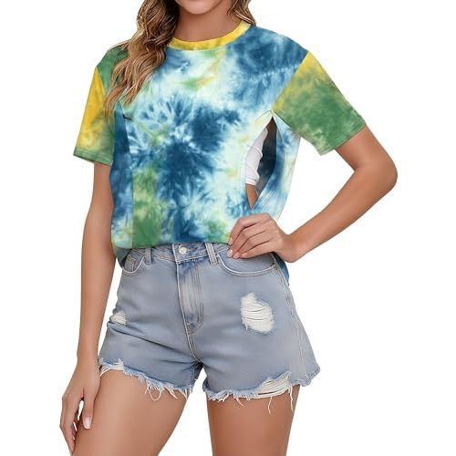 Comfort Breastfeeding Shirts for Women Zip Nursing Tops Causal Distressed Acid Washed Maternity Tees