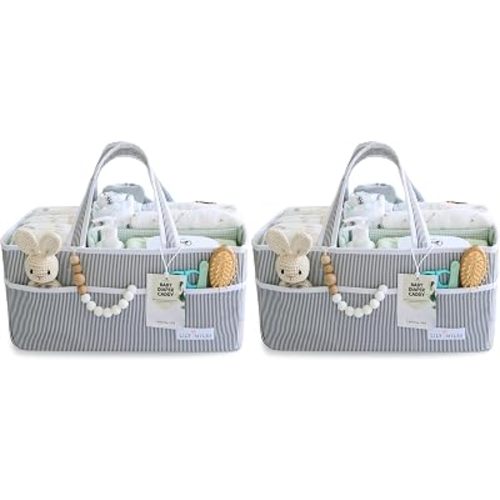 Lily Miles Baby Diaper Caddy Organizer - Large Tote Bag for Newborn essentials Boy or Girl - Baby Shower Basket - Nursery Must Haves - Registry Favorites - Newborn Caddie Car Organizer (Pack of 2)