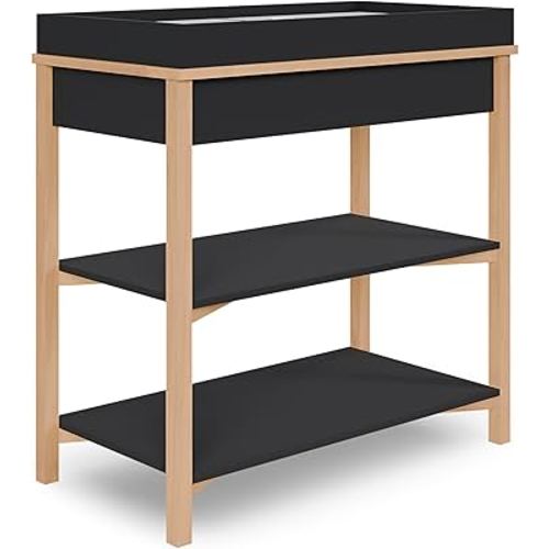Dream On Me Owen Changing Table in Matte Black Vintage Oak, JPMA Certified, with Two Bottom Shelves for Storage