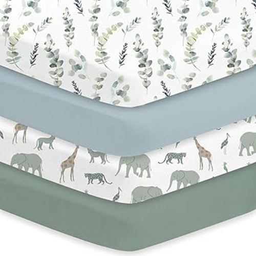 Little Grape Land Crib Sheets 4 Pack for Boys and Girls, Baby Neutral Crib Fitted Sheets for Standard Crib & Toddler Mattress, Super Soft Breathable Fitted Crib Sheet Set, Leaves & Safari