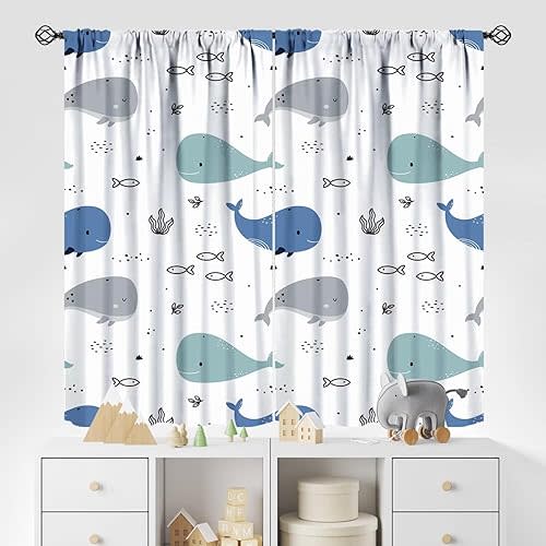 YCness Cartoon Whale Curtains Cute Ocean Animal Blue Gray Abstract Fish Art Printed Blackout Window Drapes for Boys Girls Bedroom Nursery Decor Fabric Set 2 Panel 42x54 Inch 80% Shading Rate