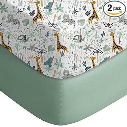 Yoofoss 2-Pack Pack and Play Sheets Fitted 38x26 (Green+Giraff) | Ultra Soft & Breathable, Mini Crib Sheets for Playard and Pack n Play Mattress