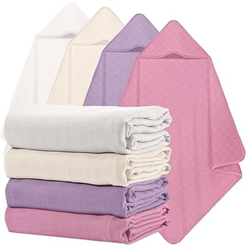 Preboun 4 Pcs Muslin Hooded Baby Towels,32"x 32" Cotton Newborn Bath Towel Muslin Infant Baby Blankets Absorbent Unisex Newborn Registry Gift for Girls Boys(Purple Series)