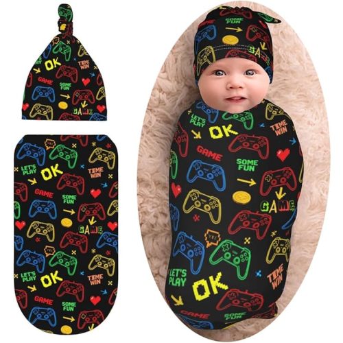 Game Controller Gifts Swaddle Blanket for Boys with Beanie Set, Soft Gaming Baby Swaddle Sack Newborn Shower Infant