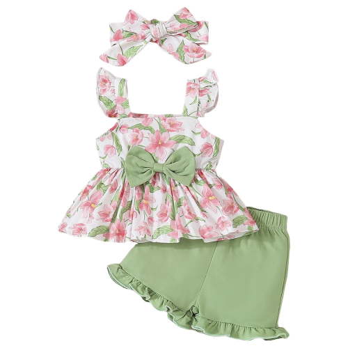 UAYOTSE Toddler Girls Outfit Summer Short Set Outfit Pull - on Sleeveless Ruffle Tops and Shorts 2PC Set,3-6 Months Green