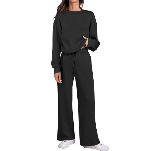 Caracilia Women's 2 Piece Outfits Sweatsuit Fall Crewneck Sweatshirts Wide Leg Pants Lounge Matching Sweat Sets Tracksuit