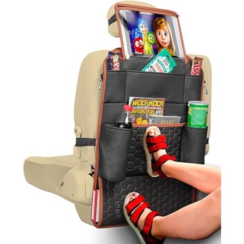 Owleys Back of Seat Organizer for Kids | Car Storage Caddy – 8 Pockets + Transparent Tablet Holder | Waterproof Eco-Leather | 27.5' x 18.5' | Brown+Black