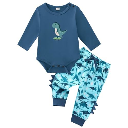 ZOEREA Newborn Baby Boy Clothes Dinosaur Outfit Infant Clothing 0-24 Months | 2-Piece Fall Winter Spring Romper Outfit Gift Set, Baby Boy Newborn Essentials, Photography, Hospital Coming Home Outfit
