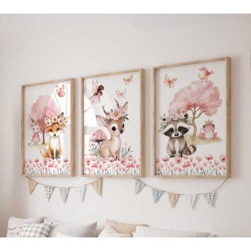 Set of 3 Floral Deer Prints, Pink Butterfly Wall Art Set, Fairy Posters, Modern Art, Kids Bedroom Decor, Girl Nursery Decor, Playroom Prints