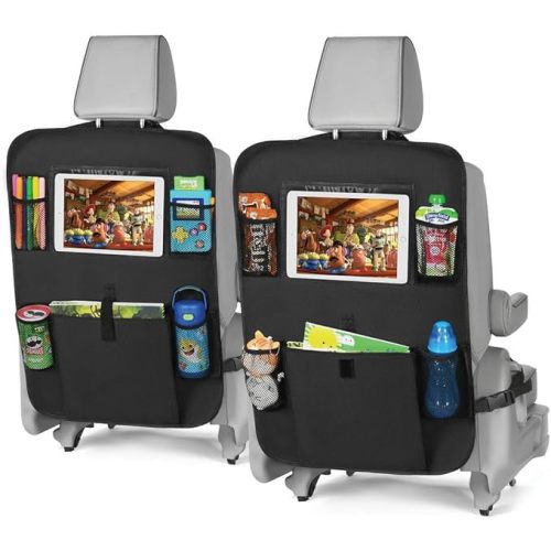 Back Seat Cover for Kids + 6 Pocket Storage Organizer, 2 Pack X-Large Kick Mats Backseat Protector with iPad Tablet Holder, Car Seat Back Protectors for Vehicles to Protect from Dirt & Mud