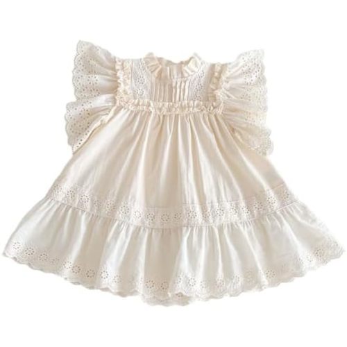 Summer Toddler Girls’ Cotton - Spandex Frilled Princess Dress with Lace Trim and Flutter Sleeves
