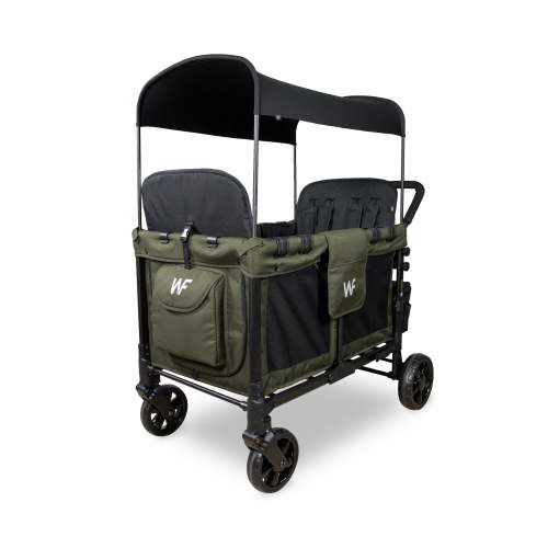 Wonderfold W4 Quad Stroller Wagon with Raised Seats & Adjustable Canopy in Olive Green