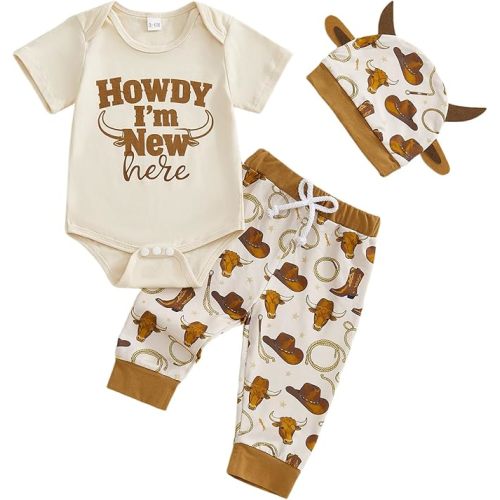Madjtlqy Baby Boy Western Clothes Letter Short Sleeve Romper Long Pants With Hat Newborn Coming Home Outfit Infant Cute Sets