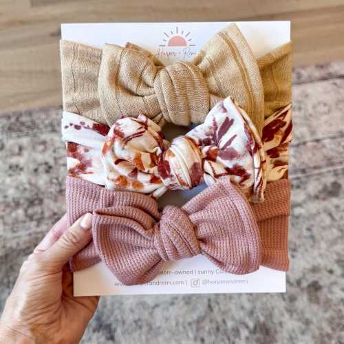 Baby / Newborn Headbands, Oversized Bow or Top Knot Options (Mauve Waffle, Rust Floral, Light Brown Sweater)