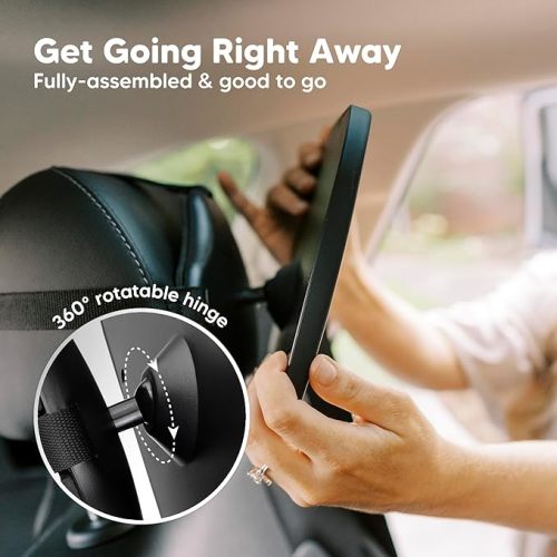 Safety Baby Car Seat Mirror - Wide Shatterproof Backseat Infant Car Mirror for Baby Rear Facing, Crystal Clear View, Travel Accessories, Easy Install & Adjustable for Removable Headrest (Matte Black)