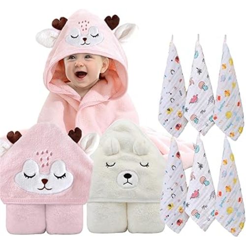 Baby Towel, Hooded Baby Towel, 8-Piece Bath Towel for Baby Boys Girls, Muslin Washcloths, Reusable Infant Wipes Set (White+ Pink)