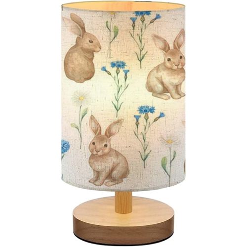 Bedside Lamp for Bedroom, Seamless Pattern Watercolor Rabbits Flowers Small Lamp, Linen Lampshade Table Lamp, Dimmable Nightstand Lamp with Woodbase for Living Room Office