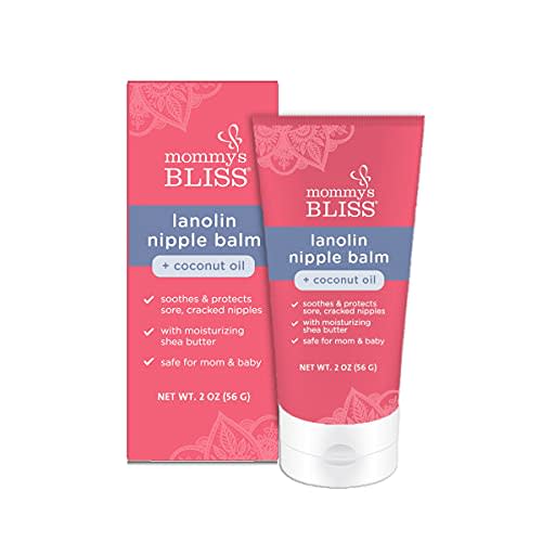 Mommy's Bliss Lanolin Nipple Balm Breastfeeding Cream with Coconut Oil & Shea Butter, Soothing Cream for Sore, Cracked Nipples, Safe for Nursing Babies, Flavorless, 2 Oz