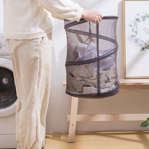 Skimskl Mesh Popup Laundry Hamper, Foldable Dirty Clothes Basket with Drawstring Top, Portable for Travel, College Dorm, Kids Room, Gray
