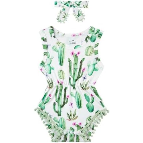 UNICOMIDEA Baby Girl Clothes 0-24 Months Floral Sleeveless Baby Cowgirl Newborn Romper Jumpsuit Outfit Set with Headband