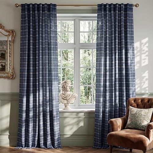 NICETOWN Navy Blue Plaid Curtains 84 inches Long for Bedroom 2 Panels