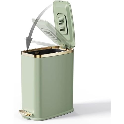 CEROELDA Small Bathroom Trash Can with Lid Soft Close-5L/1.3 Gal Slim Garbage Can-Metal Step Wastebasket-Rectangle Narrow Waste Bin for Office, Bedroom, Toilet, Live Room-Green