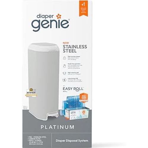 Diaper Genie Platinum Pail (Stone Grey) is Made in Durable Stainless Steel and Includes 1 Easy Roll Refill with 18 Bags That can Last up to 5 Months.