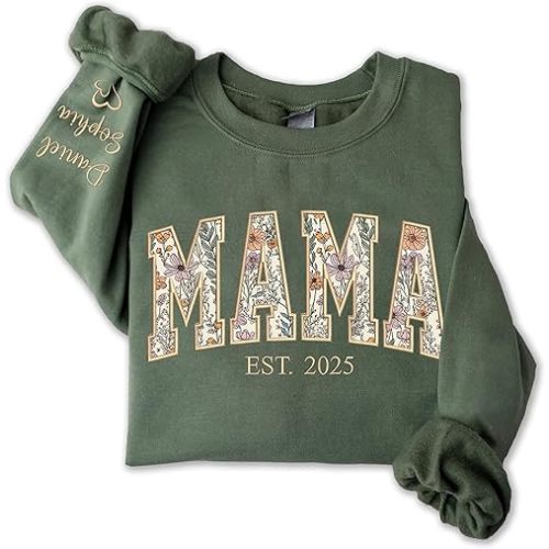 Personalized Floral Embroidered Applique Mama Sweatshirt for Women, Custom Mom Gifts from Grandkids, Mama Sweater, Mom Crewneck, Mother's Day Apparel, Mother Birthday, Christmas 2026