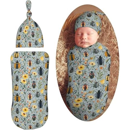 Beetles Bugs Newborn Swaddle Blankets Hat Sets Soft Baby Receiving Blanket Swaddle Sack for Baby Shower Infant Boy Girl Gift
