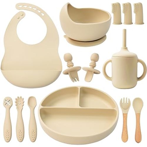LITTLE RAWR Silicone Baby Feeding Set 14 Pcs,Baby Led Weaning Supplies, Baby Spoons Suction Bowl Divided Plate Bib Cup Finger Brush,First Stage Solid Food Eating Utensils - 6+ Months(Beige)