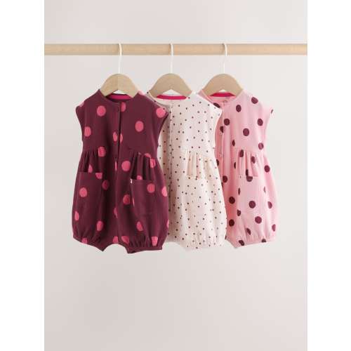 Pink Polka Dot Button Through Baby Rompers 3 Pack