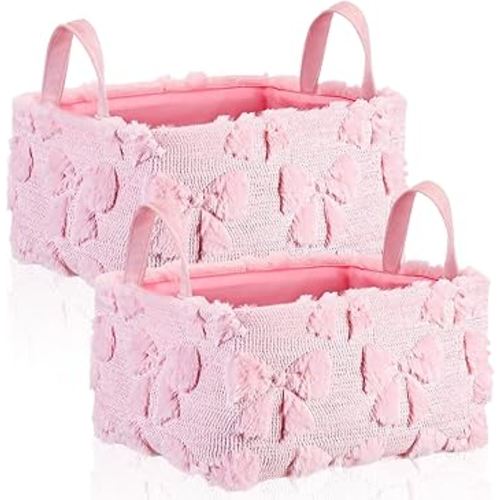 Pink Bow Storage Baskets14x10 Inch Valentines Laundry Baskets Foldable Fluffy Storage Bin with Handle Spring Coquette Home Decor Closet Organizer for Countertop Tabletop Shelf Baskets