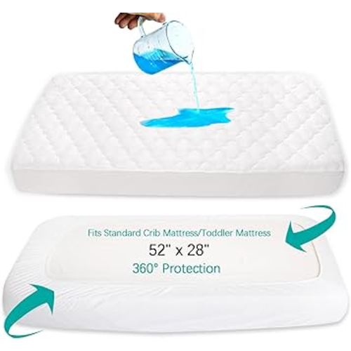 Crib Mattress Protector Sheets Fitted Waterproof Crib Mattress Pad Cover, Noiseless & Machine Wash 100% Absorbent Crib/Toddler Mattress Protector Sheet Quilted, White, 52" x 28"