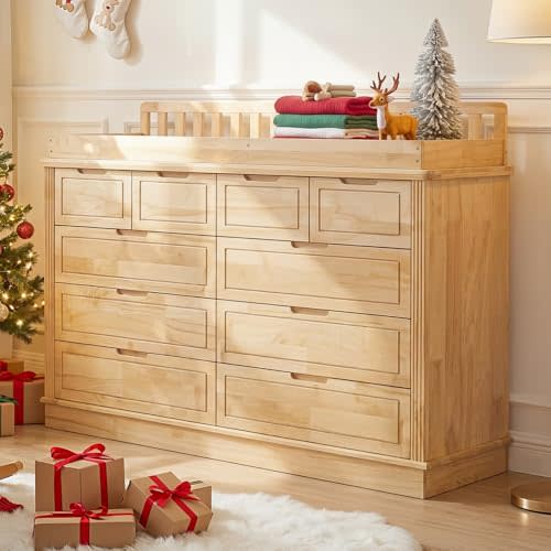 Homsee Baby Changing Table Dresser, 100% Solid Wood Infant Diaper Changing Station Combo, 10-Drawer Baby Nursery Dresser with Removable Tray for Children's Room Bedroom, Nature Color 55.1"W