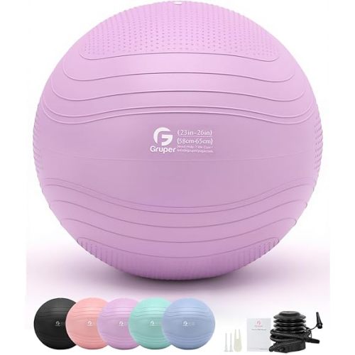 Gruper Yoga Ball, Extra Thick Exercise Ball for Workout Pregnancy Stability - 4 Sizes Anti Burst Balance Ball for Yoga, Pilates, Fitness, Birthing, Physical Therapy - Includes Pump