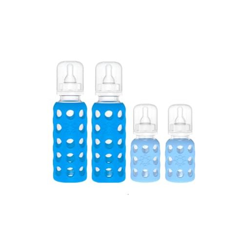 Lifefactory Glass Baby Bottle BPA Free | Protective Silicone Sleeve| 4 oz & 9 oz Pack of 4 | Cobalt & Sky Blue