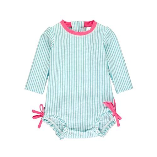 RuffleButts Baby/Toddler Girls Seersucker Long Sleeve One Piece Rash Guard Swimsuit with UPF 50+ Sun Protection