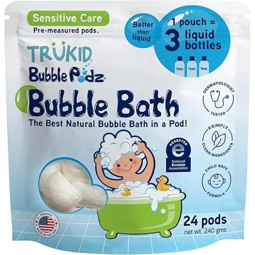 TruKid Bubble Podz Bubble Bath for Kids, Toddlers, & Babies, NEA-Accepted for Eczema, Gentle Refreshing Colloidal Oatmeal Bath Bomb for Sensitive Skin, pH Balanced, Tear Free, Unscented (24 Podz)