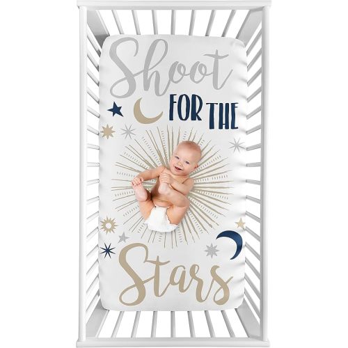 Sweet Jojo Designs Star and Moon Boy or Girl Fitted Crib Sheet Baby or Toddler Bed Nursery Photo Op - Navy Blue, Gold, and Grey Celestial Sky Gender Neutral Unisex Shoot for The Stars