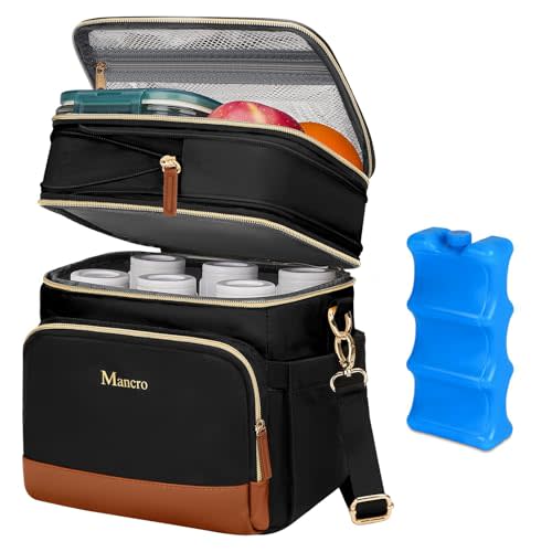 Mancro Expandable Bottle Cooler Bag Fits 6 Bottles Up to 9oz, Double Layer Breastmilk Cooler Bag with Ice Pack, Leakproof Breast Milk Cooler Travel Bag with Stroller Strap for Nursing Moms, Black