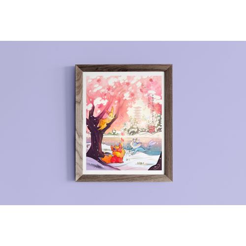 Ecruteak Snowfall Eeveelutions Pokemon Print | Poster | Eevee | Vaporeon | Jolteon | Flareon | Cherry Blossom | Anime | *FREE US SHIPPING*