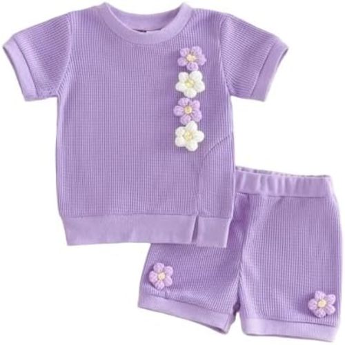 VISGOGO Toddler Baby Girl Clothes Summer Outfits 3D Flower Waffle Short Sleeve T-Shirt Tops and Shorts Set