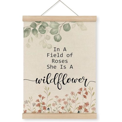 MAQIKA She is a Wildflower Poster Framed With Wood Hanger, Wildflower Nursery Decor, Inspirational Quotes Hanging Wall Decor, Floral Nursery Canvas Wall Art Paints for Baby Girls Room 12x16 Inch