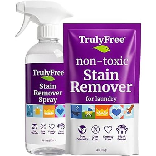 Truly Free Laundry Stain Remover Spray for Clothes - Removes Tough, Dried-In Stains on Whites & Colors -Natural Ingredients - Gentle Yet Powerful - Includes 3 oz Refill & Empty Refillable Bottle