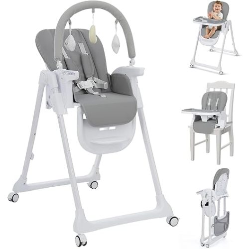 Ezebaby Foldable Baby High Chair, 3-in-1 Convertible High Chairs to Booster Seat, Portable High Chair with Adjustable Height and Recline, Removable Tray & Toy Bar