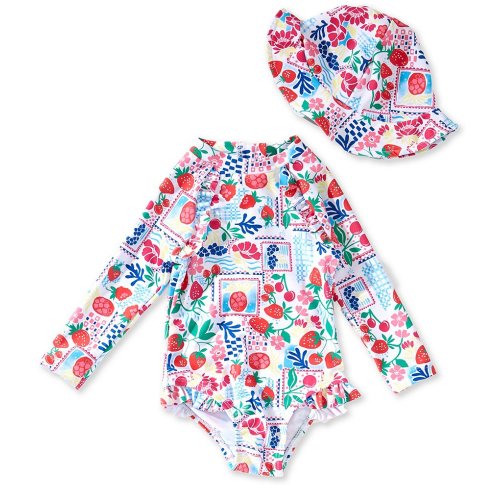 Adventurewear 360 Baby Girls Fruit Print Long Sleeve Rashgaurd Ruffle One-Piece Swimsuit & Hat